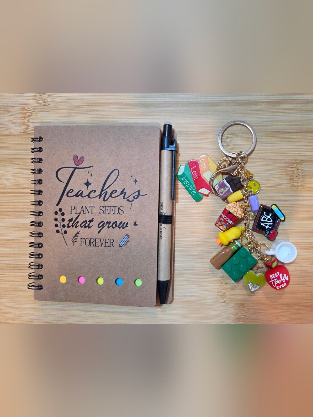 Teacher's Bundle - Kraft Notebook with Pen & Keychain with Fun Charms!